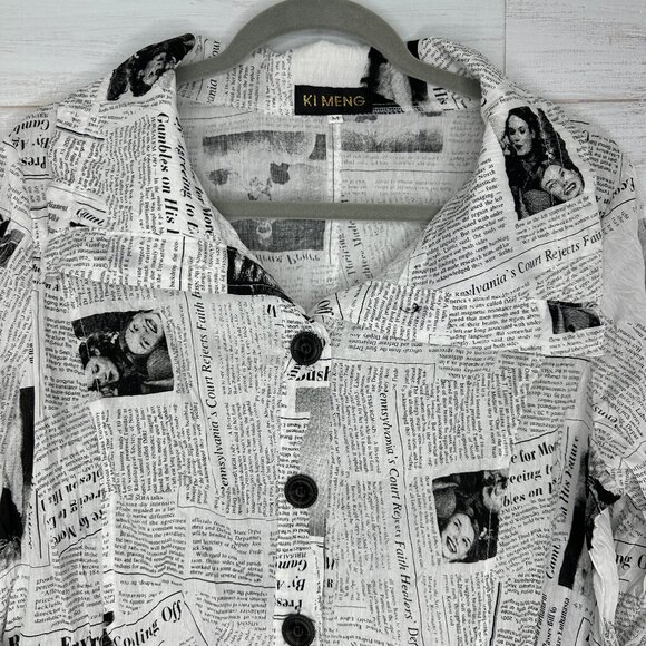 Ki Meng Womens Black and White Newspaper Print Jacket Size Medium Button Closure - Picture 2 of 10
